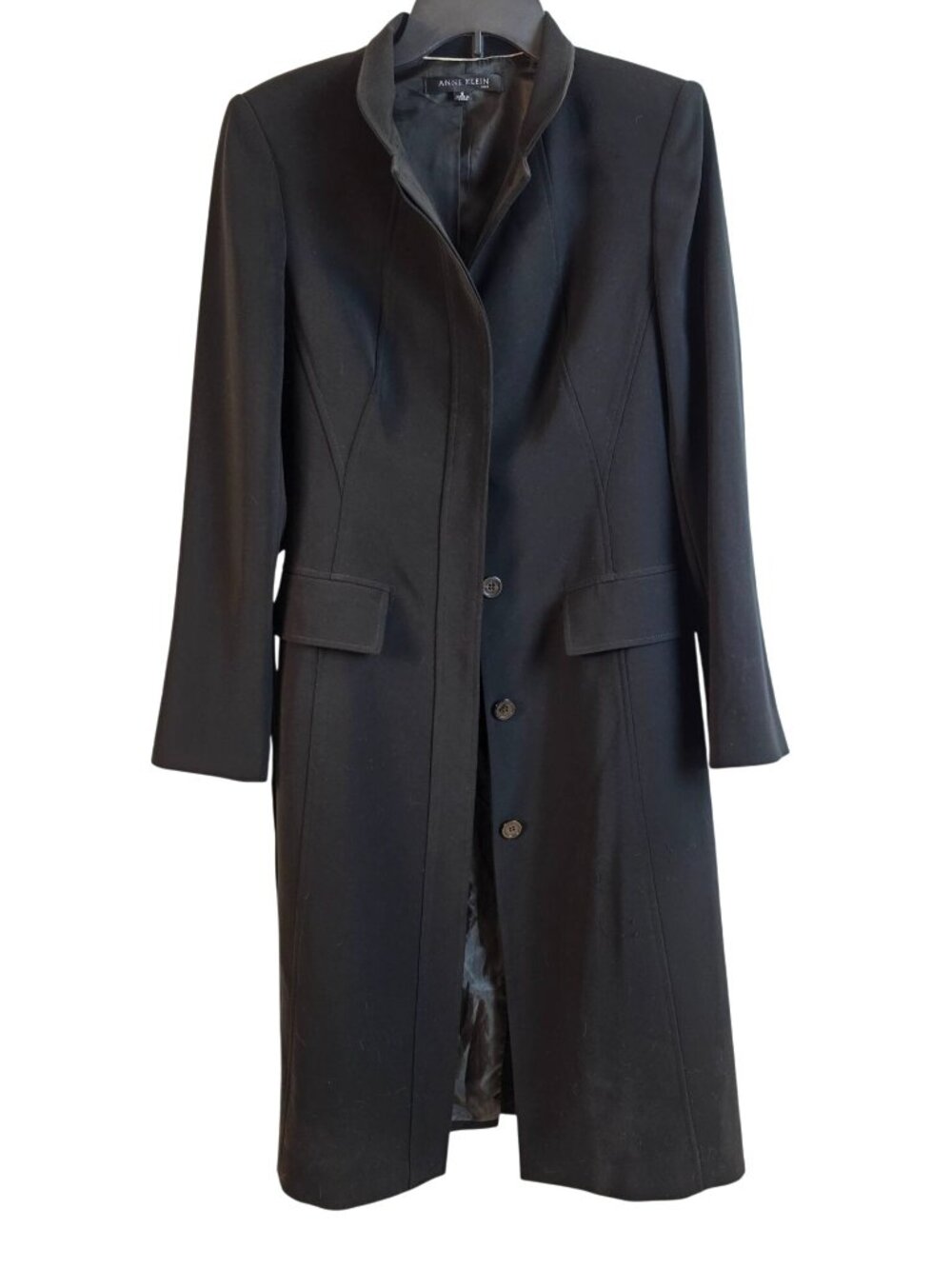 Anne Klein Black Belted Long Coat Women Size 6 Single Breasted Dress Coat
